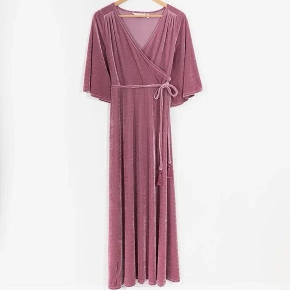 Soft Surroundings Pink Vera Velvet Faux Wrap Maxi Dress Wedding Holiday Dress LG - Picture 2 of 9